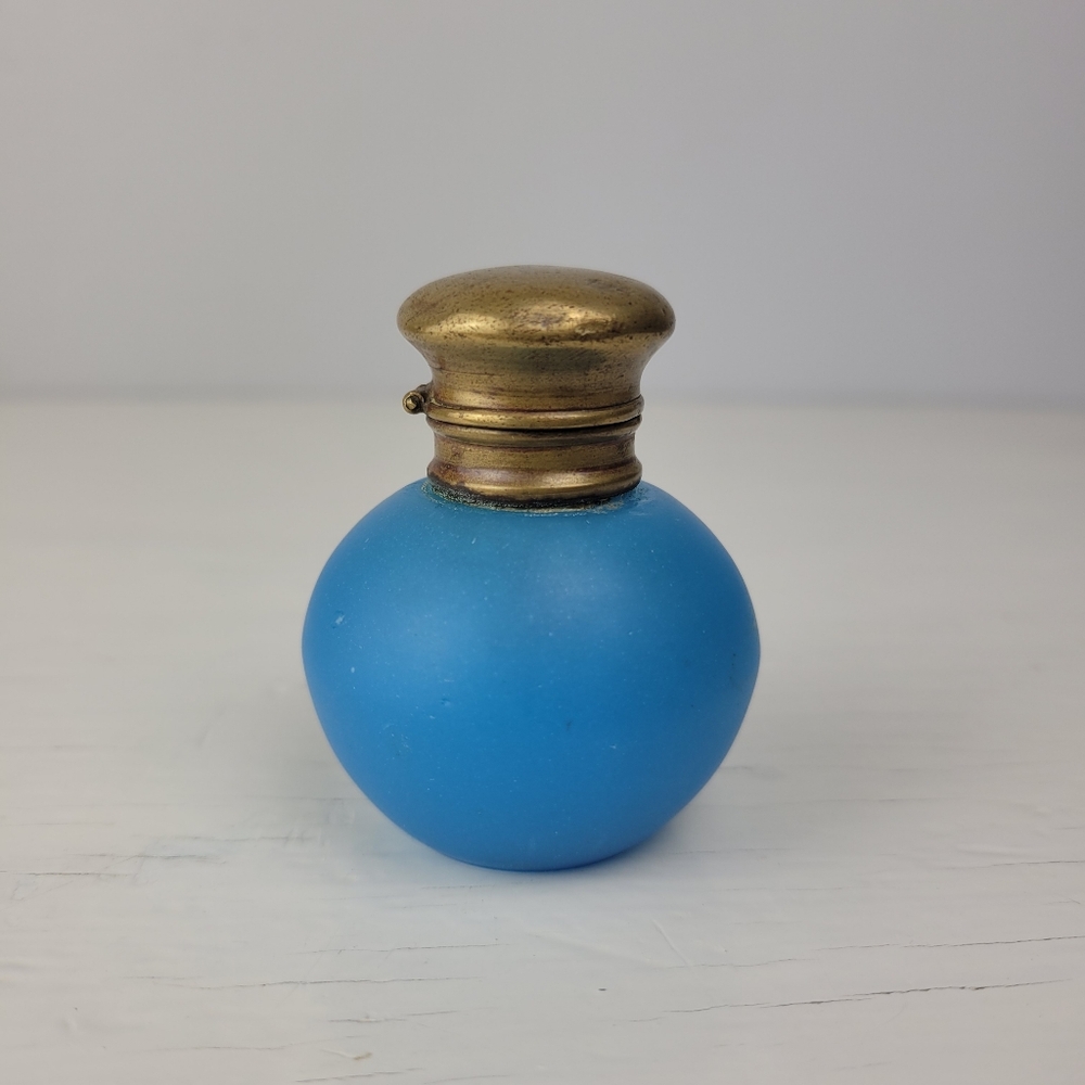 Antique Victorian/Edwardian Blue Opaline Glass Perfume Bottle - Brass Hinged Lid